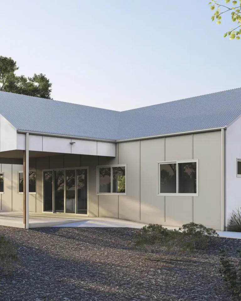 Scrase Built Kyle Andrews Foundation cabin exterior — Caves Road Siesta Park, barn-style steel roof, covered outdoor area