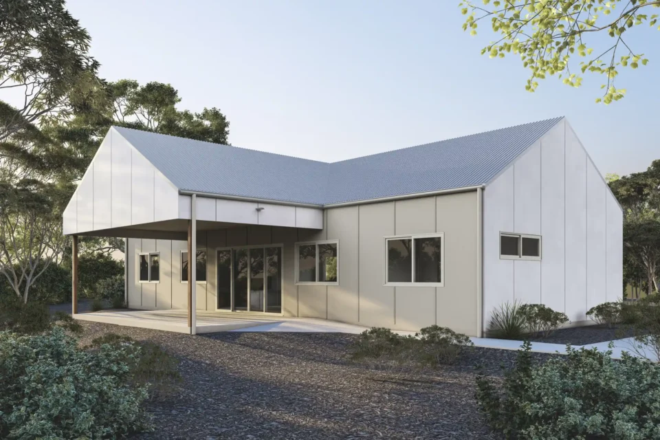 Scrase Built Kyle Andrews Foundation cabin exterior — Caves Road Siesta Park, barn-style steel roof, covered outdoor area