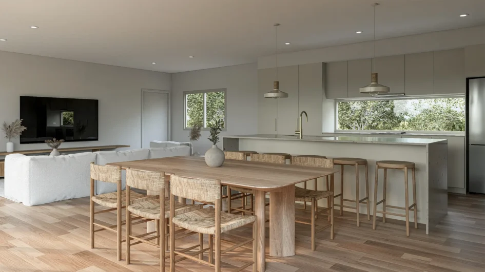 Scrase Built Kyle Andrews Foundation cabin — open plan kitchen and living area with timber floors and neutral palette